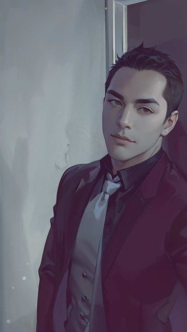 (absurdres, highres, ultra detailed, realistic, ), 1 male, solo, adult, mature, tall muscular guy, broad shoulders, handsome, very short hair, black hair, brown eyes, angular jaw, thick neck, thick eyebrows, night, dark, the night view of the city background, formal suit, necktie, upper body