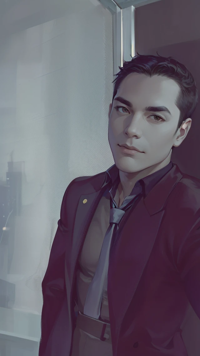 (absurdres, highres, ultra detailed, realistic, ), 1 male, solo, adult, mature, tall muscular guy, broad shoulders, handsome, very short hair, black hair, brown eyes, angular jaw, thick neck, thick eyebrows, night, dark, the night view of the city background, formal suit, necktie, upper body
