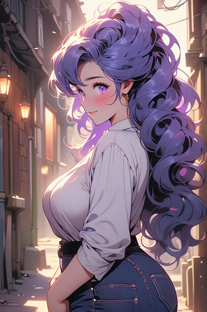 1girl, plump curves, colossal, giant, tall, curled violet hair, long hair, violet eyes, blush, sad smile, dark alley, looking down, shrinking, blouse, jeans