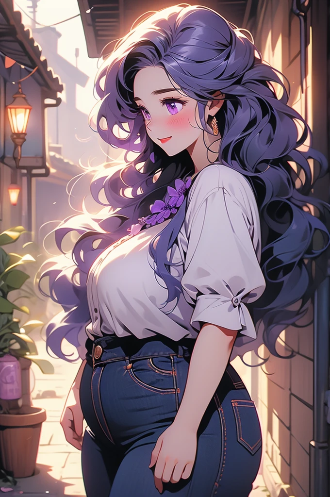 1girl, plump curves, colossal, giant, tall, curled violet hair, long hair, violet eyes, blush, sad smile, dark alley, looking down, shrinking, blouse, jeans