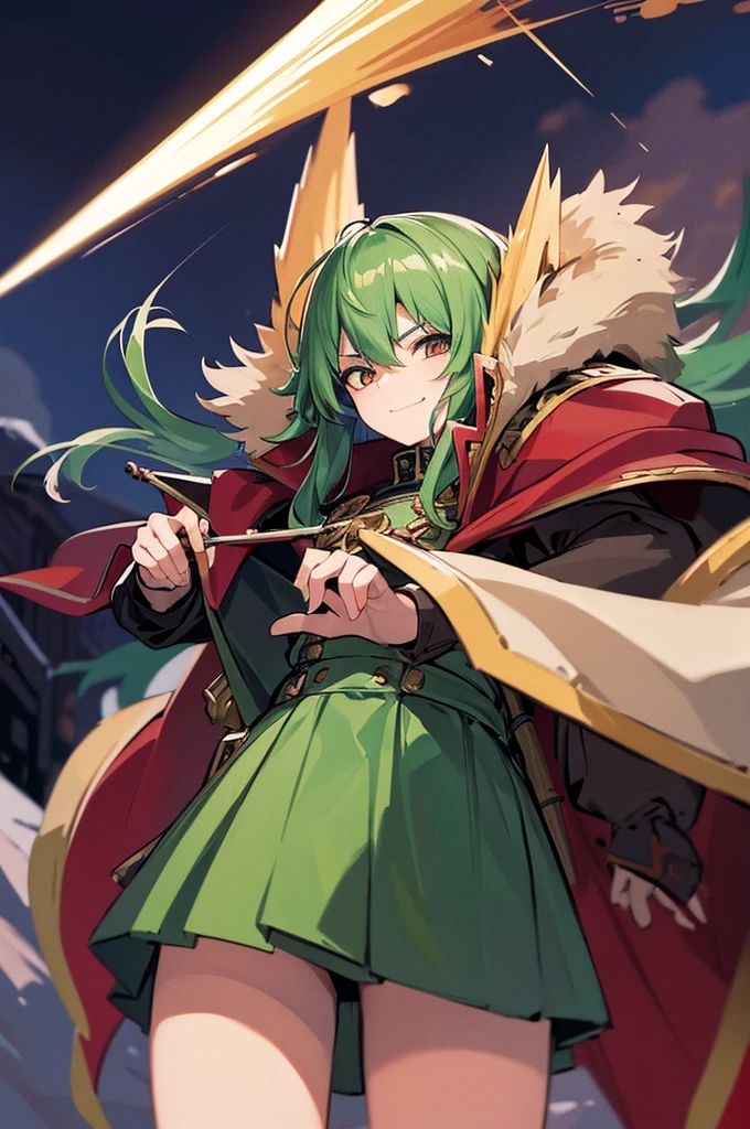 Highest quality, masterpiece, High resolution, alone, (Fire emblem),(FE Heroes_Trabant),Evening sky_background,Middle Age_male,(smug face),(Moss Green_Hair Color), 4K, masterpiece,, alone, 1,whole body,looking at the camera, Fumaru,Red_Cape,(black_coat),Big Spear,Sharp Eyes,(Full Finger), (The finer details), (Anatomically correct), (映画のbackground), Hyper Detail, (Subtle details), (Intricate details)