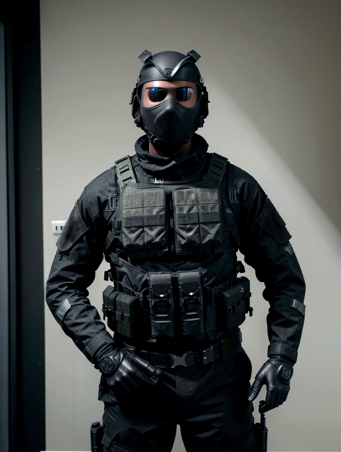 (best qualityer,4K,8K,A high resolution,work of art:1.2),ultra detali,(realisitic,fotorrealisitic,fotorrealisitic:1.37), One of them wore a black SWAT uniform.，Man in black helmet, A man in a black mask holds a gun, CQB compressed air rifle, French special operations, soldados realisitics, Soldados em tactical equipment, tactical equipment, cinematic —ar 16:9, equipamento militar realisitic, tactical armor, black tactical gear, combat clothing, Futuristic soldier costume, special forces security(best qualityer,4K,8K,A high resolution,work of art:1.2),ultra detali,(realisitic,fotorrealisitic,fotorrealisitic:1.37), One of them wore a black SWAT uniform.，Man in black helmet, A man wearing a black skull mask holds a gun, CQB compressed air rifle, French special operations, soldados realisitics, Soldados em tactical equipment, tactical equipment, cinematic —ar 16:9, equipamento militar realisitic, tactical armor, black tactical gear, combat clothing, Futuristic soldier costume, special forces security