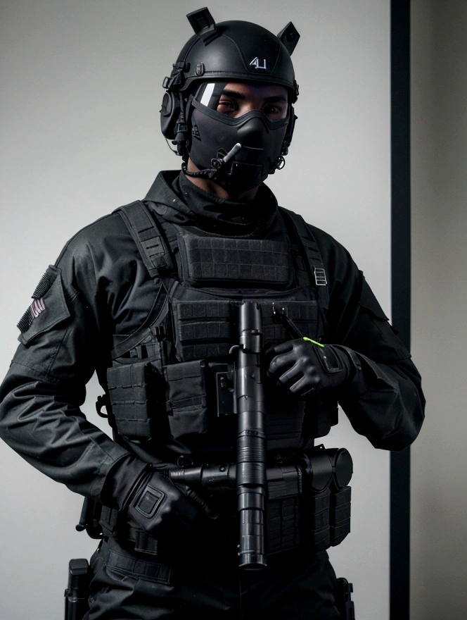 (best qualityer,4K,8K,A high resolution,work of art:1.2),ultra detali,(realisitic,fotorrealisitic,fotorrealisitic:1.37), One of them wore a black SWAT uniform.，Man in black helmet, A man in a black mask holds a gun, CQB compressed air rifle, French special operations, soldados realisitics, Soldados em tactical equipment, tactical equipment, cinematic —ar 16:9, equipamento militar realisitic, tactical armor, black tactical gear, combat clothing, Futuristic soldier costume, special forces security(best qualityer,4K,8K,A high resolution,work of art:1.2),ultra detali,(realisitic,fotorrealisitic,fotorrealisitic:1.37), One of them wore a black SWAT uniform.，Man in black helmet, A man wearing a black skull mask holds a gun, CQB compressed air rifle, French special operations, soldados realisitics, Soldados em tactical equipment, tactical equipment, cinematic —ar 16:9, equipamento militar realisitic, tactical armor, black tactical gear, combat clothing, Futuristic soldier costume, special forces security