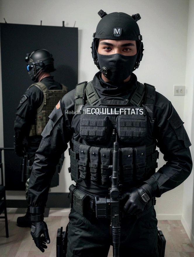 (best qualityer,4K,8K,A high resolution,work of art:1.2),ultra detali,(realisitic,fotorrealisitic,fotorrealisitic:1.37), One of them wore a black SWAT uniform.,Man in black helmet, A man in a black mask holds a gun, CQB compressed air rifle, French special operations, soldados realisitics, Soldados em tactical equipment, tactical equipment, cinematic —ar 16:9, equipamento militar realisitic, tactical armor, black tactical gear, combat clothing, Futuristic soldier costume, special forces security(best qualityer,4K,8K,A high resolution,work of art:1.2),ultra detali,(realisitic,fotorrealisitic,fotorrealisitic:1.37), One of them wore a black SWAT uniform.,Man in black helmet, A man wearing a black skull mask holds a gun, CQB compressed air rifle, French special operations, soldados realisitics, Soldados em tactical equipment, tactical equipment, cinematic —ar 16:9, equipamento militar realisitic, tactical armor, black tactical gear, combat clothing, Futuristic soldier costume, special forces security