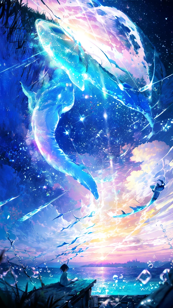 -scenery, 1girl, sky, Star (sky), Highest Resolution、whale, night, solo,Fine starry sky、 city lights, Starry sky, Fine bubbles、night sky, bubble, moon, watercraft, outdoors, short hair, ocean, cloud,coloured glaze,
