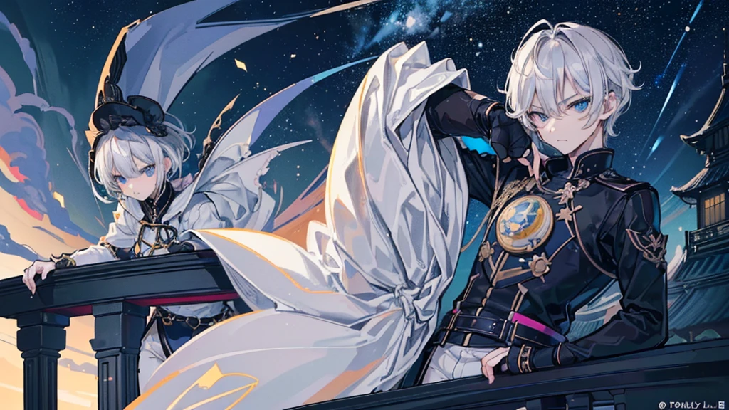 ((4K Workasterpiece、(Highest quality)、Beautiful Boy、The body is slim、expensive、((Black Y-shirt and white pants、Charming British knight style))、(Beautiful eyes in every detail)、Great British Black Balconies、The castle where the bad guys live、Villain Knight、Balcony at night、((Starry sky in the background))、((Dark Sky))、((真Midnightのおしゃれな街の風景))、((Standing on a stylish balcony and shooting))、Midnight、((Face similar to Carly Rae Jepsen))、((short-haired gray hair))、((Makes your face smaller))、((Neutral face))、((Bright Blue Eyes))、((American adult male))、((Adult male, 26 years old))、((Cool guy))、((Like a celebrity))、((Angry expression))、((Korean Makeup))、((elongated and sharp eyes))、((Happy Date))、((boyish))、Professional photos、(((Shot alone)))、((Shooting from behind))、((Shot so that the back of the head is visible))、((Focus Zoom In))、((He is looking at the starry sky))、((He is standing on the balcony))、Horror、((Beautiful and cool photos))、Cool pose