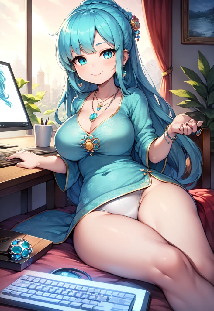 masterpiece, Best quality, ultra detailed, illustration,(1 girl),beautiful detailed eyes, Looking at the viewer, (hold computer keyboard), happy, (turquoise hair:1), (blue round eyes:1), (round earring), (necklace with large turquoise gemstones), cute round face, long hair, smile, fantastic chinese clothes