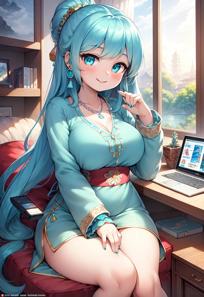 masterpiece, Best quality, ultra detailed, illustration,(1 girl),beautiful detailed eyes, Looking at the viewer, (hold computer keyboard), happy, (turquoise hair:1), (blue round eyes:1), (round earring), (necklace with large turquoise gemstones), cute round face, long hair, smile, fantastic chinese clothes