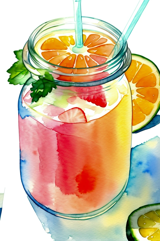 ((masterpiece)), ((best quality:1.2)), ((watercolor)), ((soft color))), ((minimalist)), ((negative space)), ((solid white background)), many type of healthy drinks, orange juice, avocado juice, strawberry juice, grape juice, 5 jar of infused water containing fruit with different type and color, ((no Clipping)), no shadow clipping, no object clipping, surrounded with (((solid white background))), very subtle shadow, soft bright white lighting, soft shadow, realistic, center composition