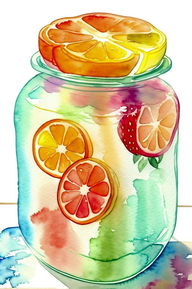 ((masterpiece)), ((best quality:1.2)), ((watercolor)), ((soft color))), ((minimalist)), ((negative space)), ((solid white background)), many type of healthy drinks, orange juice, avocado juice, strawberry juice, grape juice, 5 jar of infused water containing fruit with different type and color, ((no Clipping)), no shadow clipping, no object clipping, surrounded with (((solid white background))), very subtle shadow, soft bright white lighting, soft shadow, realistic, center composition
