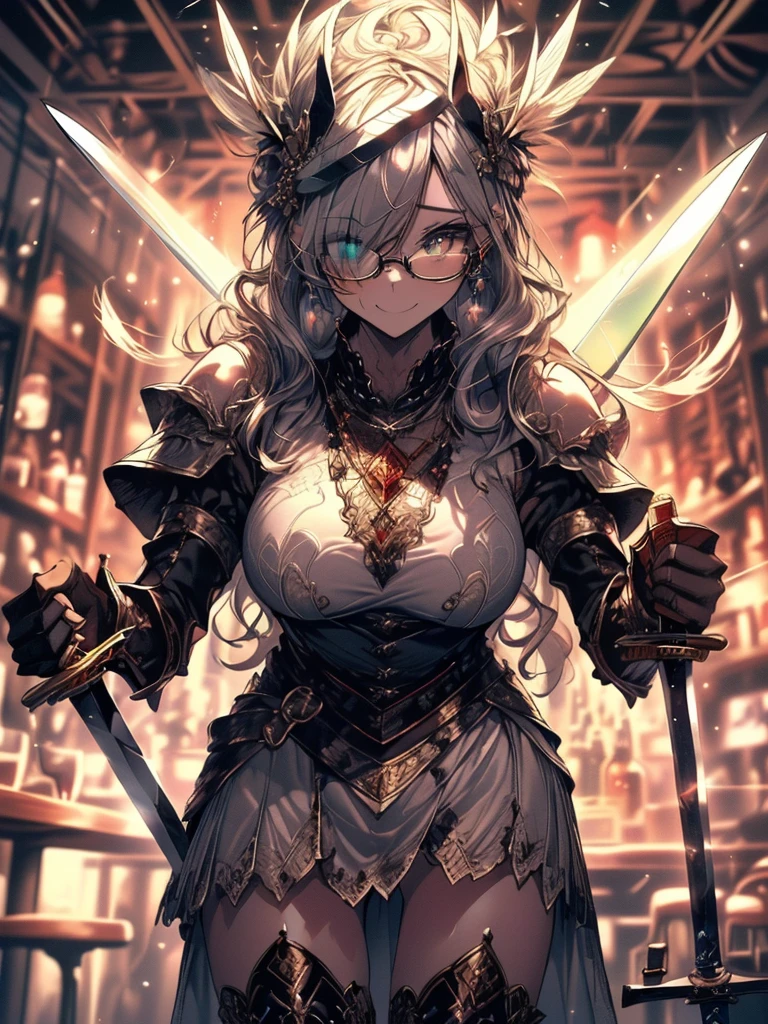 (Highest quality, masterpiece), (Ultra-high resolution, 8k RAW photos, Photorealistic:1.5, Cinema Lighting, Fabric Shading, Thin contours, Clear focus:1.2), Beautiful mature woman, Leaning forward, Long legs, Gray Hair, (Wearing thin glasses:1.5), (Mature Woman:1.5, 28 years old, alone), (1 female:1.6), (Large Breasts, Saggy breasts, big , Tight waist), whole bodyesbian, (medium short Gray Hair, Hair on one eye, (Updo:1.2), Side Lock, Asymmetrical Hair, Wavy Hair), (thin and bright pupils, Highlighted, detailed eyes:1.3, A face with attention to detail, perfect face shape, Bloodshot eyes), (A seductive smile, Half-close your eyes:1.2), (Looking at the audience:1.3), (Dutch Angle, whole body:0.3, From below:1.2), ((Correct Anatomy:1.5, The right move)), (Ideal body proportions),(((Fluttering lace flared mini skirt, Sexy silver armor with attention to detail:1.5、red and black boots、Silver Helmet、Silver Gauntlets、Jeweled、Gold decoration)))、Slender、(Thighs Thighs Thighs Thighs:0.8)、(At the bar、Artistic stained glass、Hello Point、Mysteriouany feathers floating、Angelic、Particles of light、Solemn、Nikko is、colorful、Fantastic:1.2)、(Fantastic:1.3)、(Carry a large sword on your back:1.8)、Cross Necklace:1.2