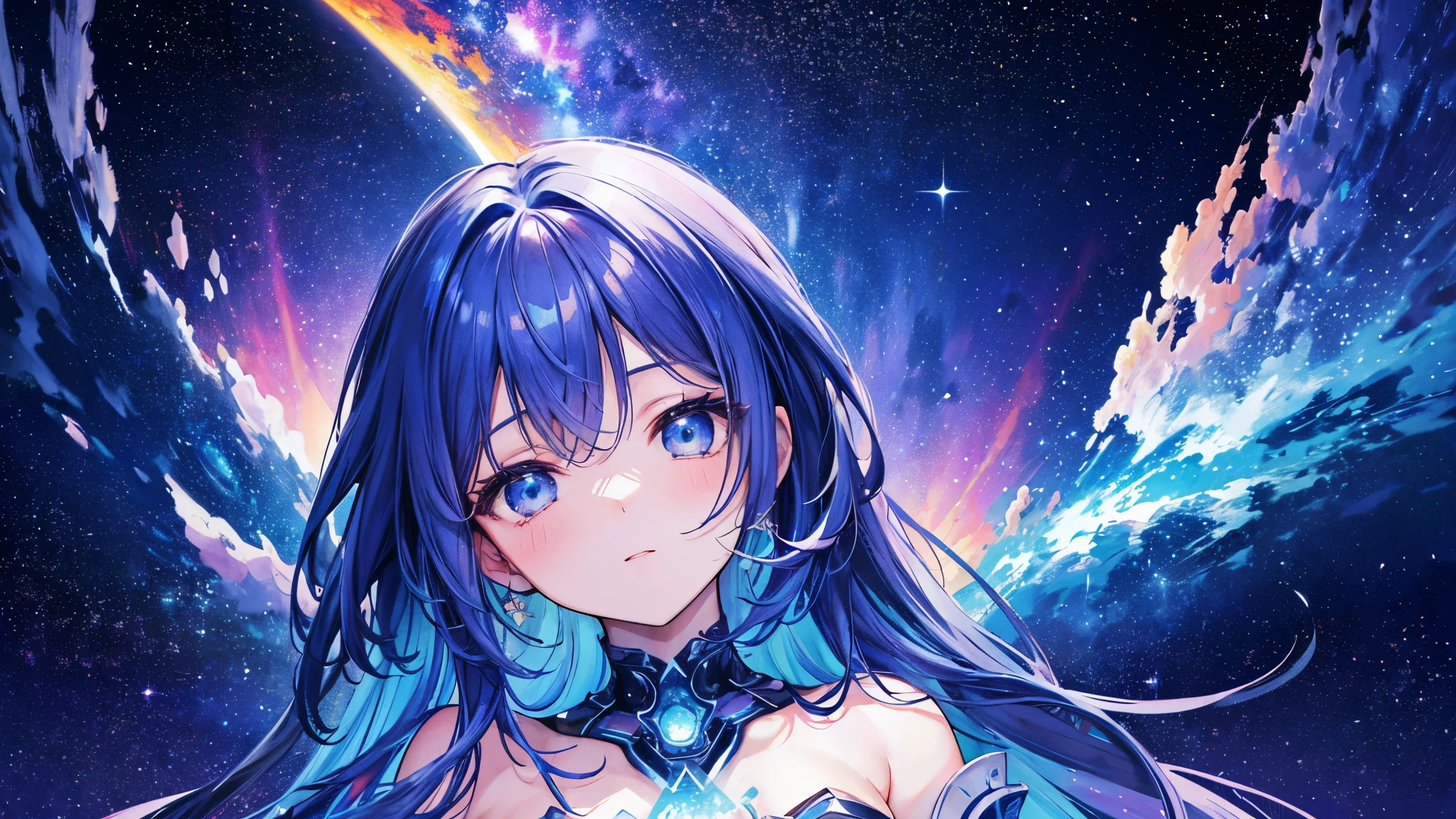 High detail, Super detailed, Ultra-high resolution, A girl having a good time in a dream galaxy, Surrounded by stars, The warm light that shines on her, The background is a starry sky with colorful galaxies and galactic clouds, The stars fly around her, Delicate face, Add a playful touch ,