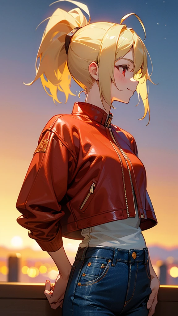 1 Girl、8K、Sharp focus、(Bokeh) (Highest quality) (Detailed skin:1.3) (Intricate details) (anime)、 years old、Blonde ponytail、Ahoge、Beautiful red eyes、smile、White T-shirt、Red leather rider jacket、Blue Jeans Pants、Slender body、profile、Upper body close-up、Golden Hour Sky