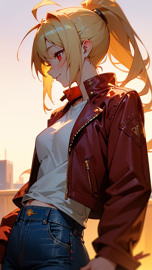1 Girl、8K、Sharp focus、(Bokeh) (Highest quality) (Detailed skin:1.3) (Intricate details) (anime)、 years old、Blonde ponytail、Ahoge、Beautiful red eyes、smile、White T-shirt、Red leather rider jacket、Blue Jeans Pants、Slender body、profile、Upper body close-up、Golden Hour Sky