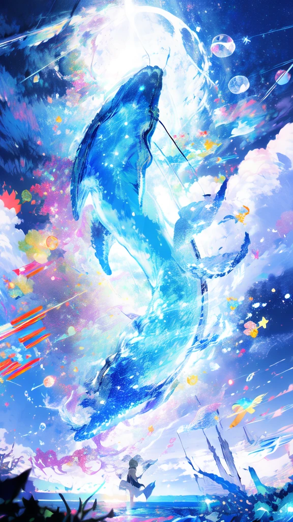 -scenery, 1girl, sky, Star (sky), Highest Resolution、whale, night, solo,Fine starry sky、 city lights, Starry sky, Fine bubbles、night sky, bubble, moon, watercraft, outdoors, short hair, ocean, cloud,coloured glaze,