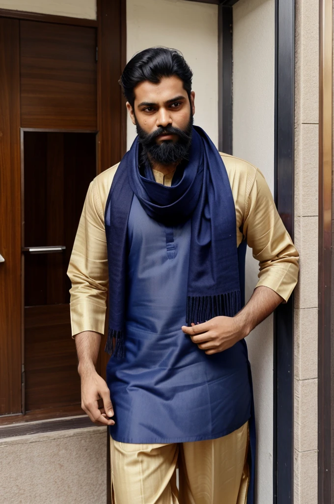 A man having beard and pathani kurta pajama covering face with a scarf trying to enter a building from the door