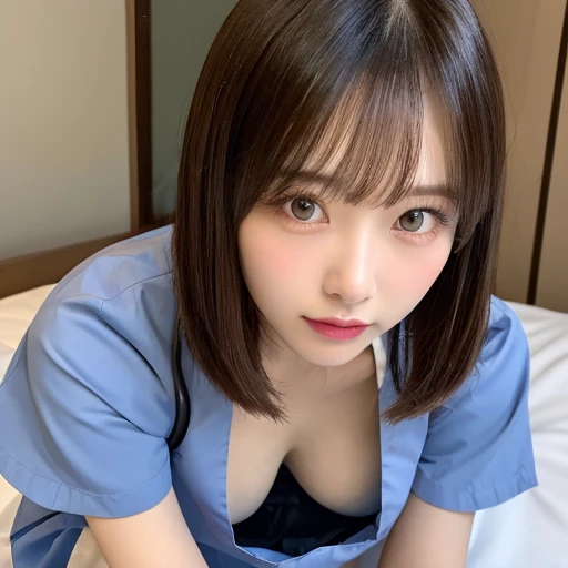 High resolution、超High resolution、photograph、Japanese Women、Looking into the distance、cute、Age 25、Random Hairstyles、Random pose、Highly detailed skin、Rough skin、Detailed chest、Japanese、Mid-chest、A glimpse of her bra、downblouse、Nurse uniform、Hospital room