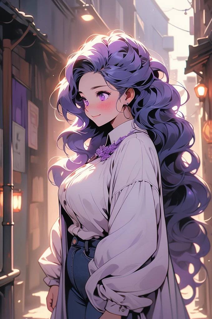1girl, plump curves, colossal, giant, tall, curled violet hair, long hair, violet eyes, blush, sad smile, dark alley, looking down, shrinking, blouse, coat, jeans