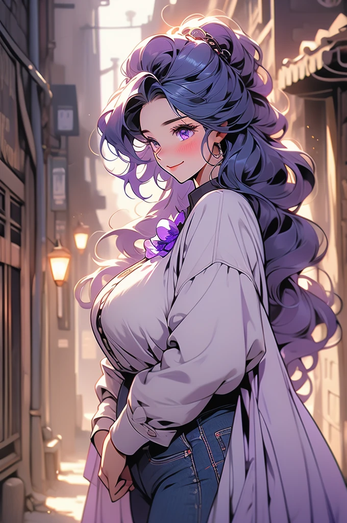 1girl, plump curves, colossal, giant, tall, curled violet hair, long hair, violet eyes, blush, sad smile, dark alley, looking down, shrinking, blouse, coat, jeans