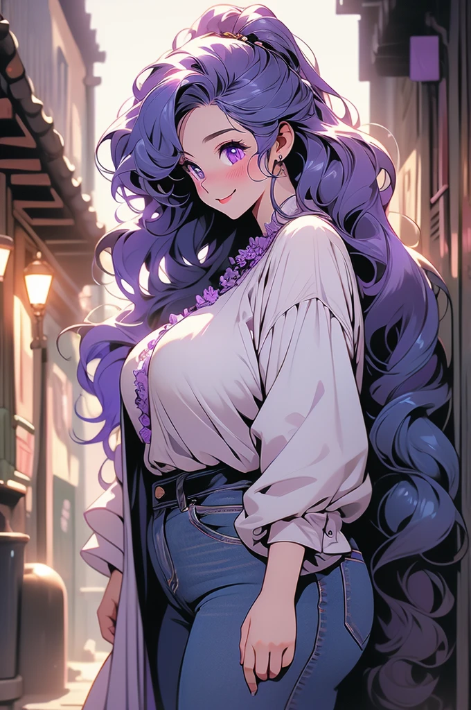 1girl, plump curves, colossal, giant, tall, curled violet hair, long hair, violet eyes, blush, sad smile, dark alley, looking down, shrinking, blouse, coat, jeans