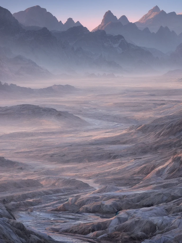 Planet of crystals and gems, valley of crystals and salt deposits, a mountain river with crystalline banks runs diagonally, Samdoesarts style. Stunning landscape, Huge scale, soft colors, Muted contrast, very detailed and confusing. mountain valley river. Valley of crystals on the planet, space fiction, many sharp protruding rock crystals, crystals sparkle and shimmer, light fog, sunrise. divine rays, sharp focus