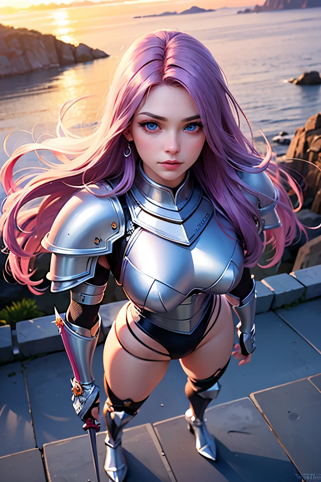 masterpiece, best quality, ultra-detailed, dynamic angle, full body, in the middle, look down from above, a pretty woman, solo, warrior, beautiful purple hair, beautiful light blue eyes, beautiful eyes, long hair, muscle, gloves, triumphant look, smug look, self-satisfied look,pink knight's armor,sword and shield