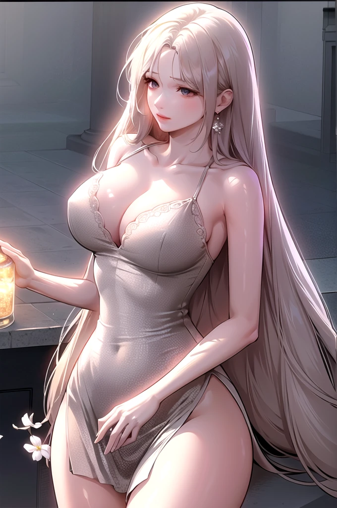 (Extremely Delicate and Beautiful:1.2), 8K ,(Masterpiece:1.0),(best_quality:1.0), 1girl, mature woman, complex details, enlarged textures, complex details, finely detailed eyes and detailed face, intricate details, white hair, (closed mouth), perfect eyes, equal eyes, (goddess), perfect body, extremely detailed, red lipstick, upper body, chandelier earrings ,big breasts, Cleavage