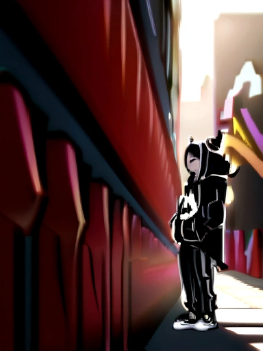 juri han, work of art, black hair, hair horns, black alan walker hoodie with white alan walker logo design, black tights, black converse shoes, black fingerless gloves,evil smile, graffiti