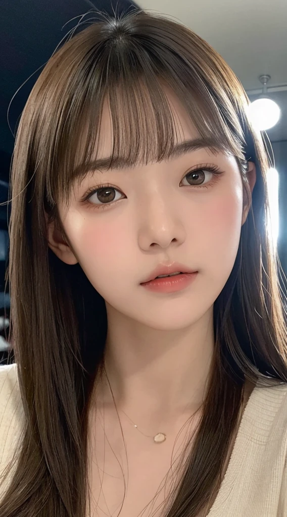 beautiful Japanese woman,double eyelid,clear skin,round face,long face,Swept bangs,in the tokyo,short by DSLR,Adoravle 18 years old,head shot,from front,long hair