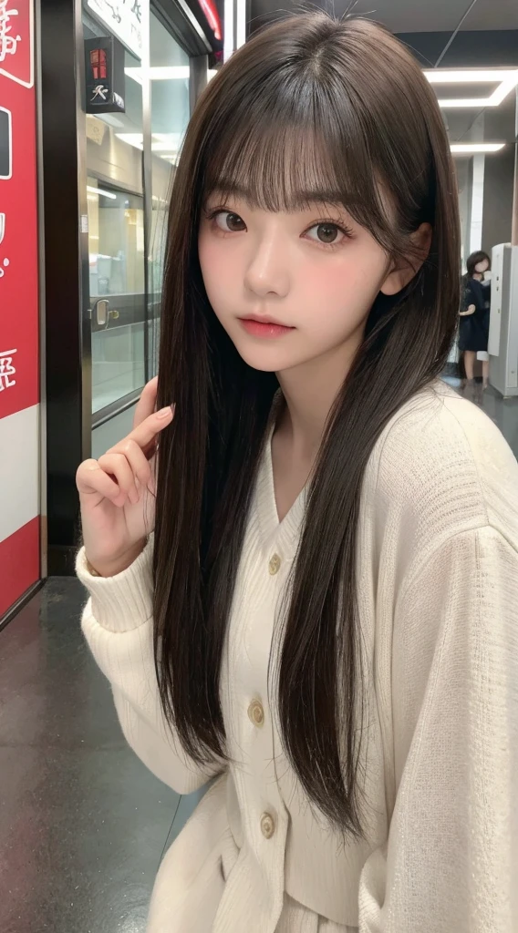 beautiful Japanese woman,double eyelid,clear skin,round face,long face,Swept bangs,in the tokyo,short by DSLR,Adoravle 18 years old,head shot,from front,long hair