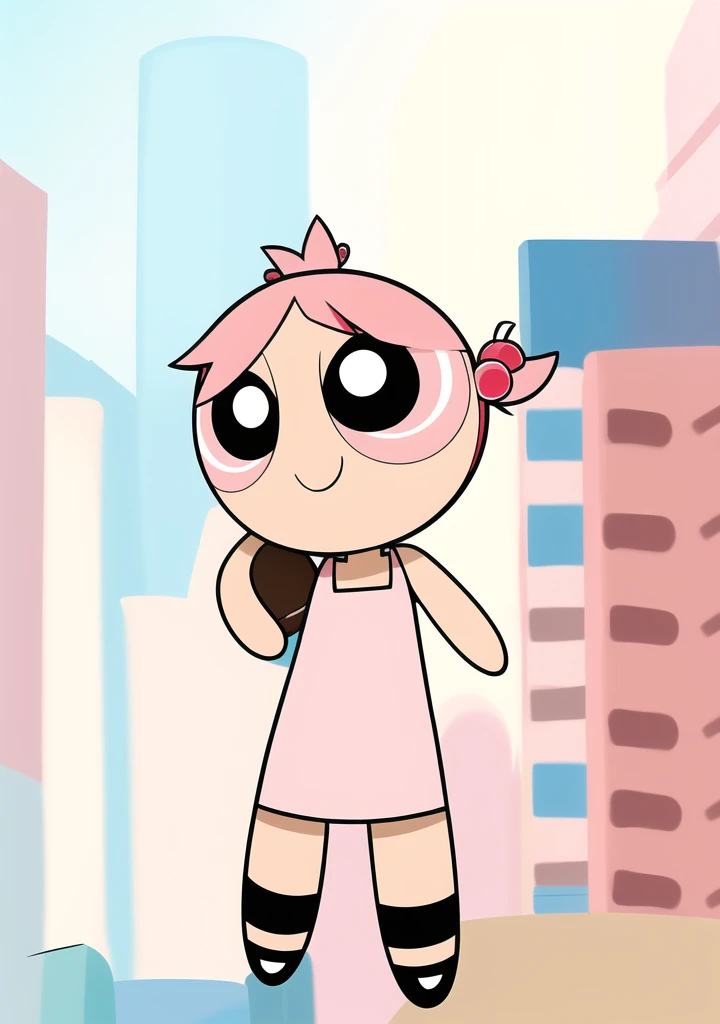 ((cute smile)), full body, 1girl , chibi, hair ornament, pink hair, brown eyes, cute Dress, city background,