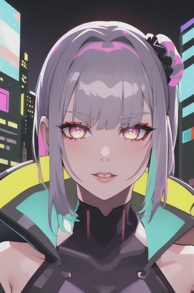 lucy \(cyberpunk\), 1girl,  hair scrunchie, hime cut, silver hair, colored tips, full moon, grey eyes, jacket, long sleeves, looking at viewer, medium hair, multicolored hair, parted bangs, parted lips, pink hair, portrait, red eyeliner, red lips, solo, white jacket, cyberpunk \(series\), rainy night in a cyberpunk city with glowing neon lights

 