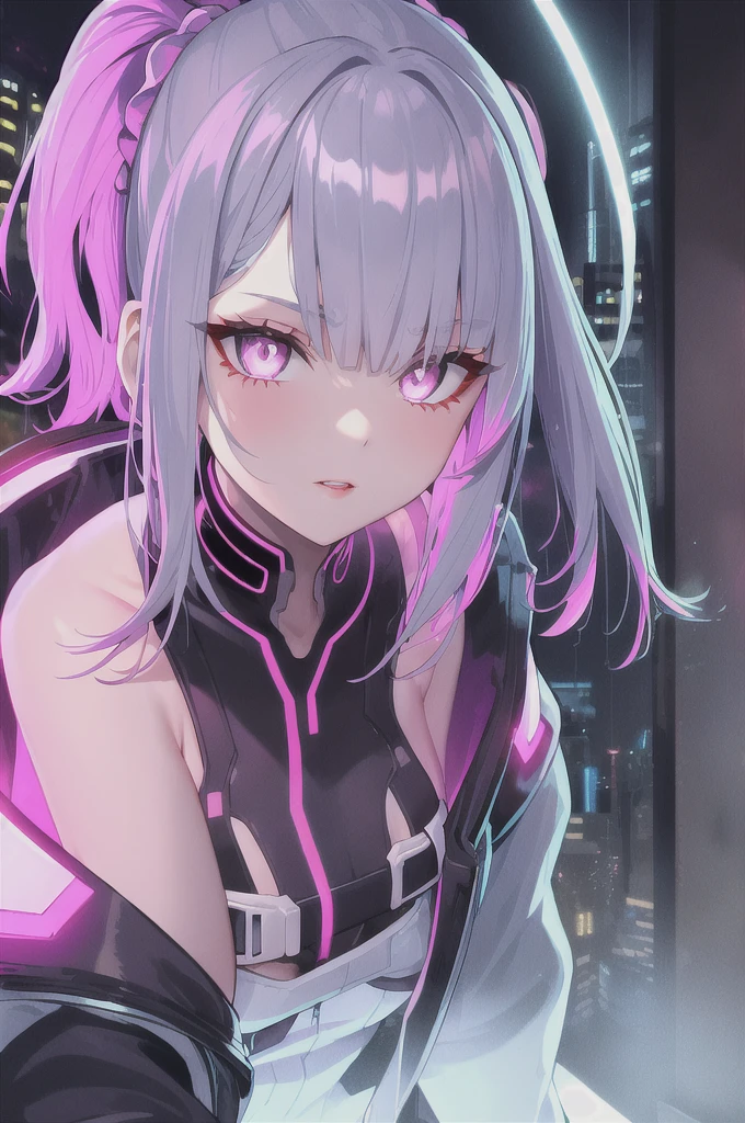 lucy \(cyberpunk\), 1girl, hair scrunchie, hime cut, silver hair, colored tips, full moon, grey eyes, jacket, long sleeves, looking at viewer, medium hair, multicolored hair, parted bangs, parted lips, pink hair, portrait, red eyeliner, red lips, solo, white jacket, cyberpunk \(series\), rainy night in a cyberpunk city with glowing neon lights