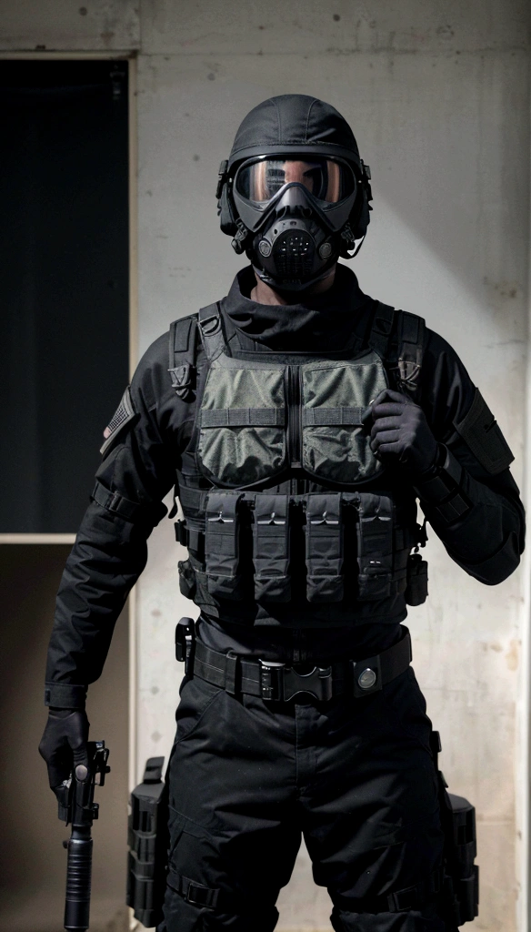 (best qualityer,4K,8K,A high resolution,work of art:1.2),ultra detali,(realisitic,fotorrealisitic,fotorrealisitic:1.37), One of them wore a black SWAT uniform.，Man in black helmet, A man in a black mask holds a gun, CQB compressed air rifle, French special operations, soldados realisitics, Soldados em tactical equipment, tactical equipment, cinematic —ar 16:9, equipamento militar realisitic, tactical armor, black tactical gear, combat clothing, Futuristic soldier costume, special forces security(best qualityer,4K,8K,A high resolution,work of art:1.2),ultra detali,(realisitic,fotorrealisitic,fotorrealisitic:1.37), One of them wore a black SWAT uniform.，Man in black helmet, A man wearing a black skull mask holds a gun, CQB compressed air rifle, French special operations, soldados realisitics, Soldados em tactical equipment, tactical equipment, cinematic —ar 16:9, equipamento militar realisitic, tactical armor, black tactical gear, combat clothing, Futuristic soldier costume, special forces security