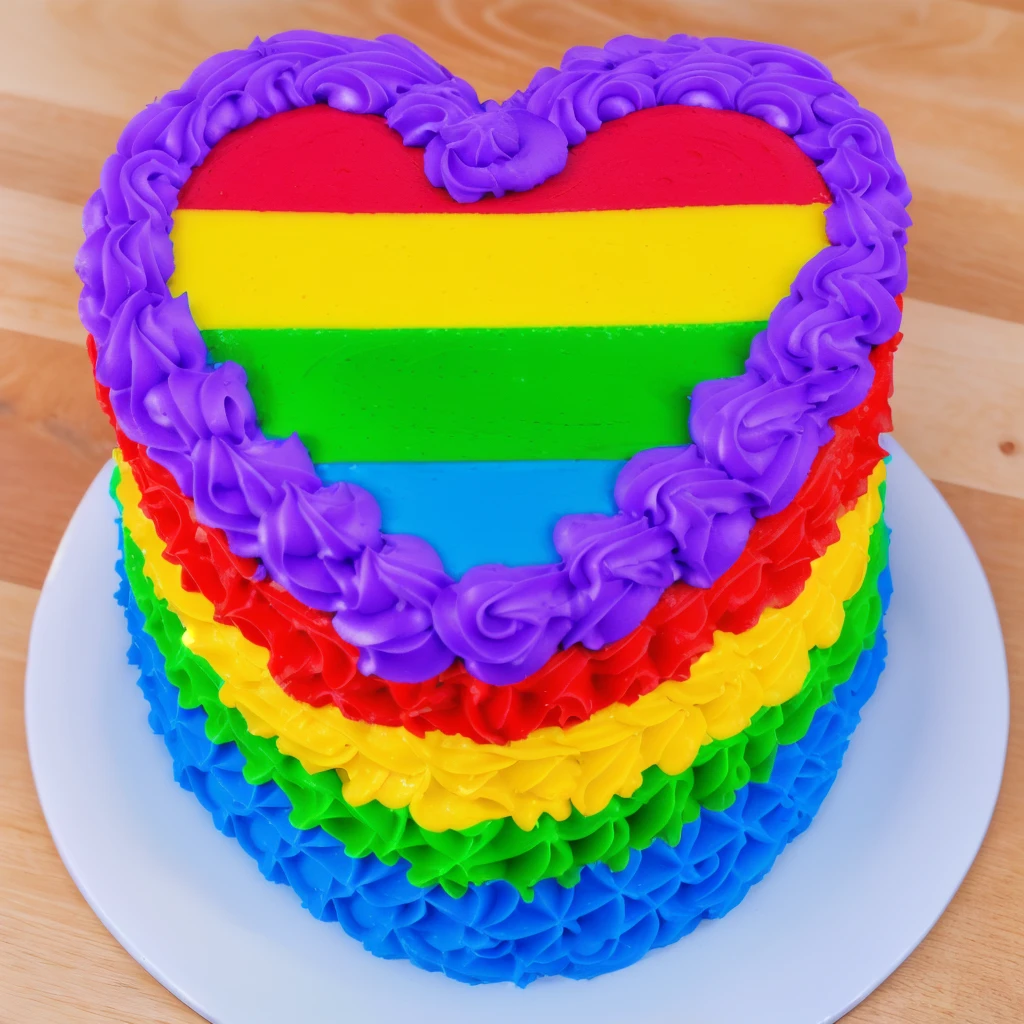 on a wooden table, there is a white plate with a heart cake , rainbow cream heart cake ( star shaped) , multi-colored heart on top, decorated with purple cream, cream with highlights, view from above, Beautiful light from the window, beautiful lighting, bright announcement, Multiple light sources, Realistic style, realistic textures, high quality, high detail, detailed textures, ultra 4k hd, macro photography