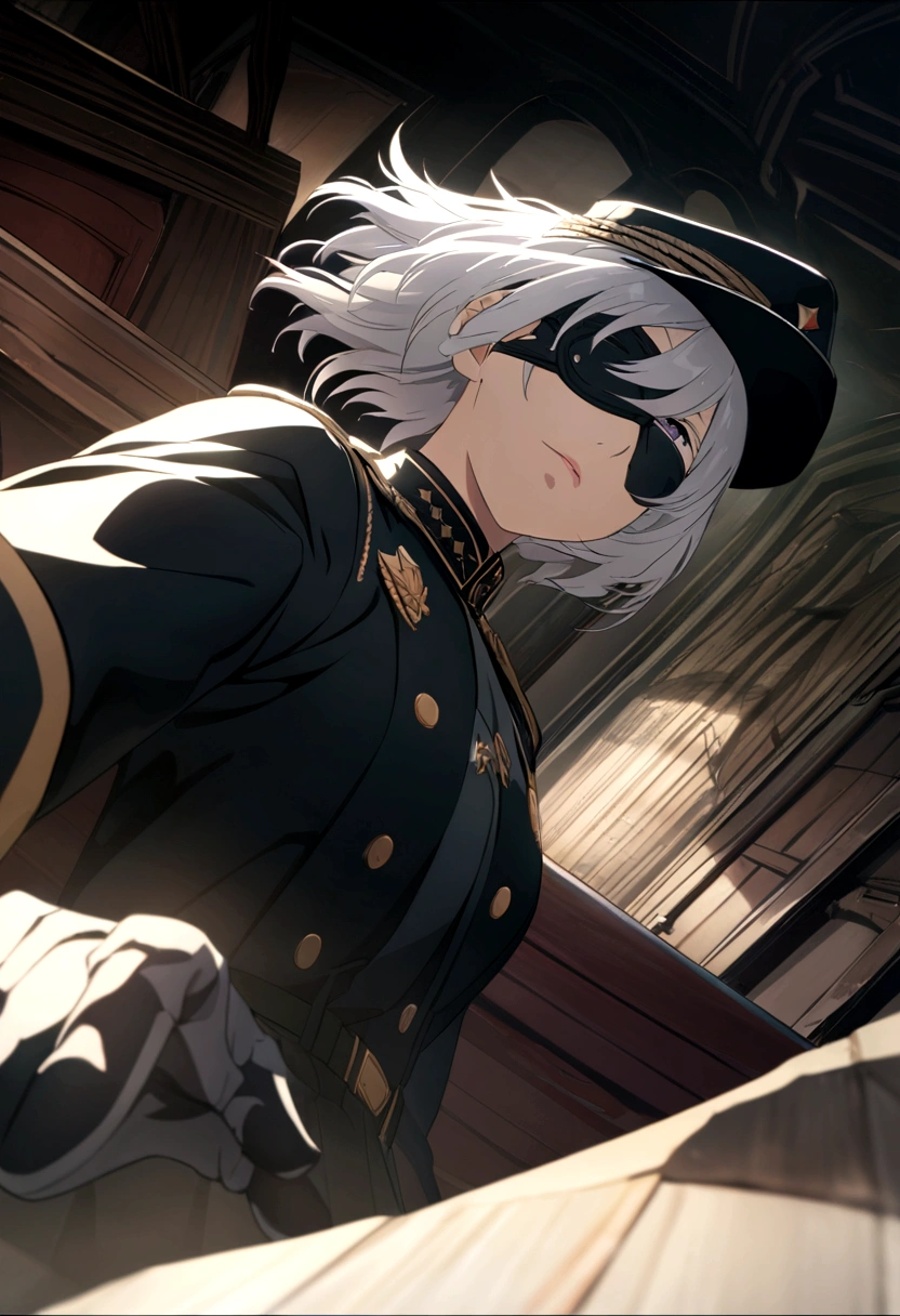 perspective, Depth of written boundary, Movie angle, Highest quality, Super detailed, CG, 8k wallpaper, , black,uniform,military cap,black色,Silver Hair,left eye,Eye patch, mask