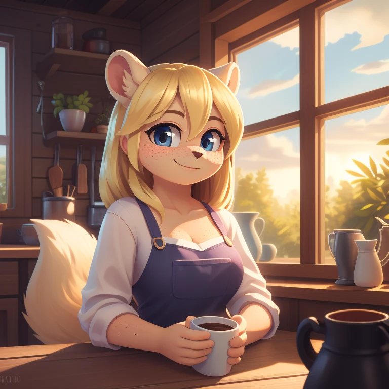 minerva, medium breast,
(detailed blonde hair:1.4), (detailed perfect eyes:1.2), white fur, (detailed fluffy fur:1.2), perfect hourglass body, mink snout, (long fluffy blonde tail:1.3), beautiful black eyes, relaxed pose, looking at viewer,
(freckles:1.2), light smile,
serving coffee,
(masterpiece:1.2), (best quality:1.2), (intricate:1.2), (highly detailed:1.2), (sharp:1.2), (8k:1.2), (highres:1.2),
cinematic summer tropical lighting, vivid colors,
kitchen, wooden cabin,
window, forest, rain,
aliceinwonderlandoutfit