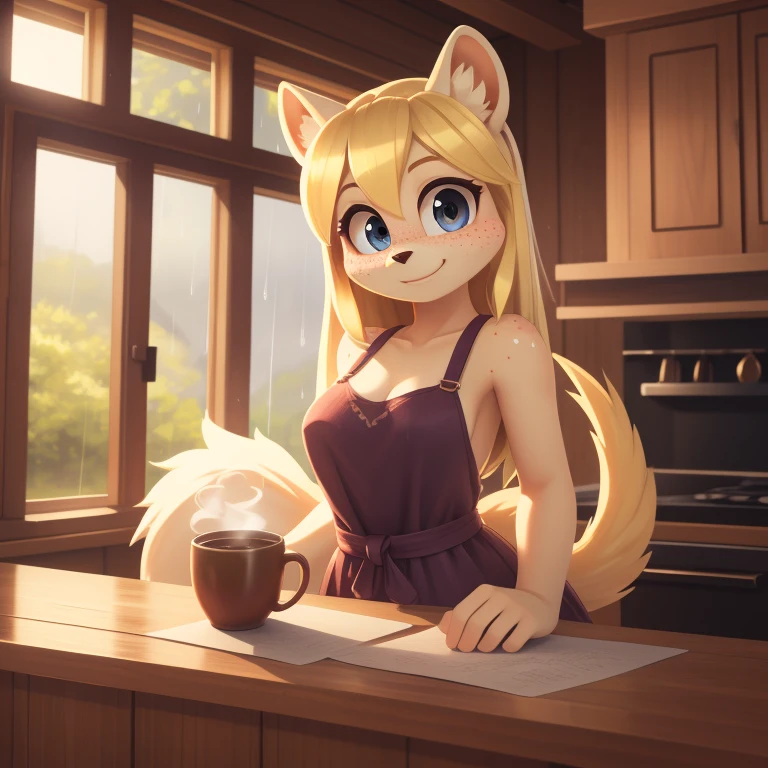 minerva, medium breast,
(detailed blonde hair:1.4), (detailed perfect eyes:1.2), white fur, (detailed fluffy fur:1.2), perfect hourglass body, mink snout, (long fluffy blonde tail:1.3), beautiful black eyes, relaxed pose, looking at viewer,
(freckles:1.2), light smile,
serving coffee,
(masterpiece:1.2), (best quality:1.2), (intricate:1.2), (highly detailed:1.2), (sharp:1.2), (8k:1.2), (highres:1.2),
cinematic summer tropical lighting, vivid colors,
kitchen, wooden cabin,
window, forest, rain,
aliceinwonderlandoutfit