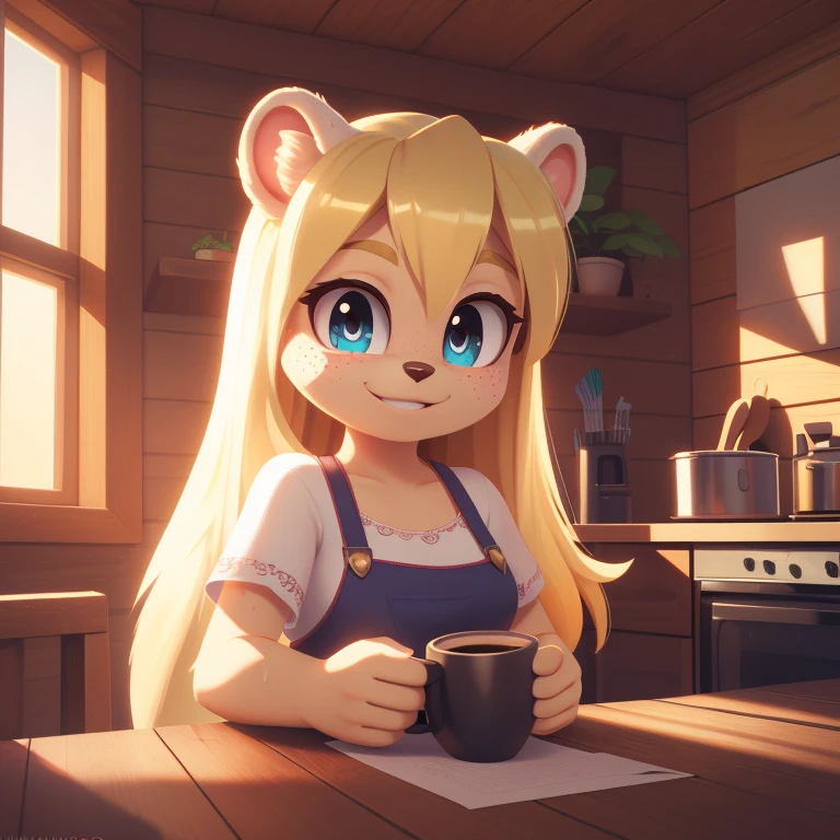 minerva, medium breast,
(detailed blonde hair:1.4), (detailed perfect eyes:1.2), white fur, (detailed fluffy fur:1.2), perfect hourglass body, mink snout, (long fluffy blonde tail:1.3), beautiful black eyes, relaxed pose, looking at viewer,
(freckles:1.2), light smile,
serving coffee,
(masterpiece:1.2), (best quality:1.2), (intricate:1.2), (highly detailed:1.2), (sharp:1.2), (8k:1.2), (highres:1.2),
cinematic summer tropical lighting, vivid colors,
kitchen, wooden cabin,
window, forest, rain,
aliceinwonderlandoutfit