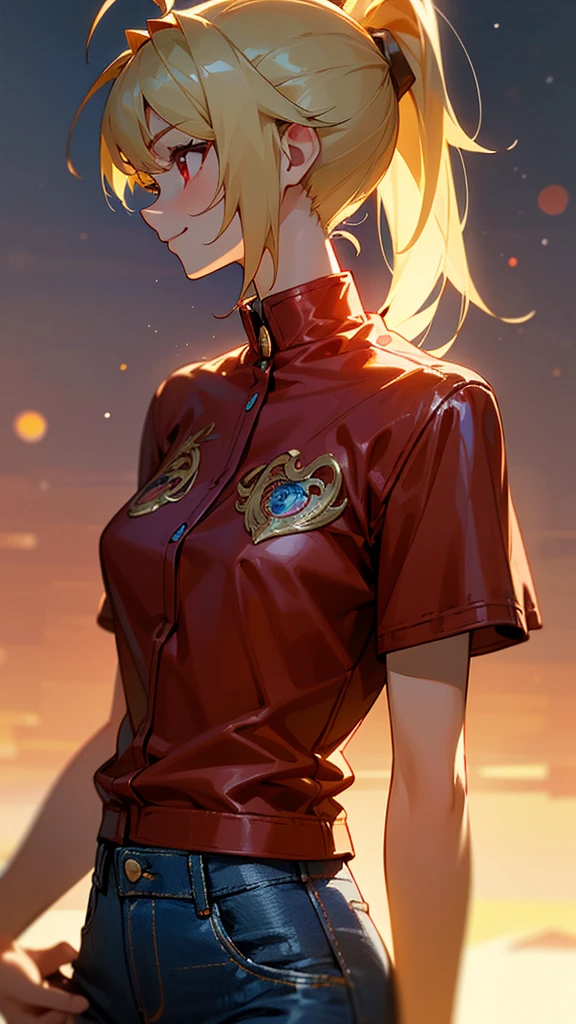 1 Girl、8K、Sharp focus、(Bokeh) (Highest quality) (Detailed skin:1.3) (Intricate details) (anime)、 years old、Blonde ponytail、Ahoge、Beautiful red eyes、smile、White T-shirt、Red leather rider jacket、Blue Jeans Pants、Slender body、profile、Upper body close-up、Golden Hour Sky