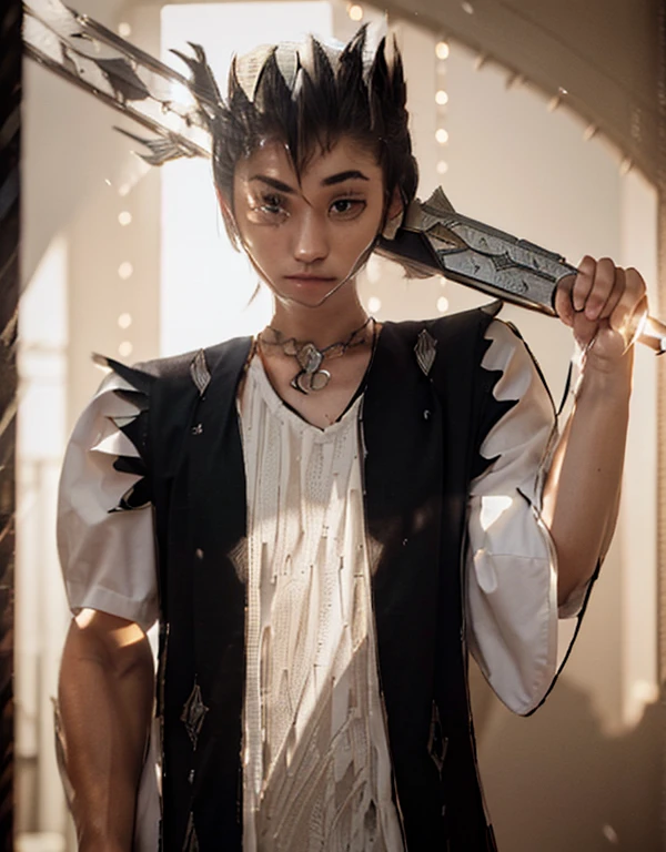 <realistic, intricate details, cinematic, 4k, uhd, ultrarealistic, photorealistic, insanedetails, masterpiece), a beautiful man of 20 years old, with whiteband black decourated kimono without sleeves, (great decourated sword in the back), lights effects, black t shirt, black short hairs, (european caucasian race)
