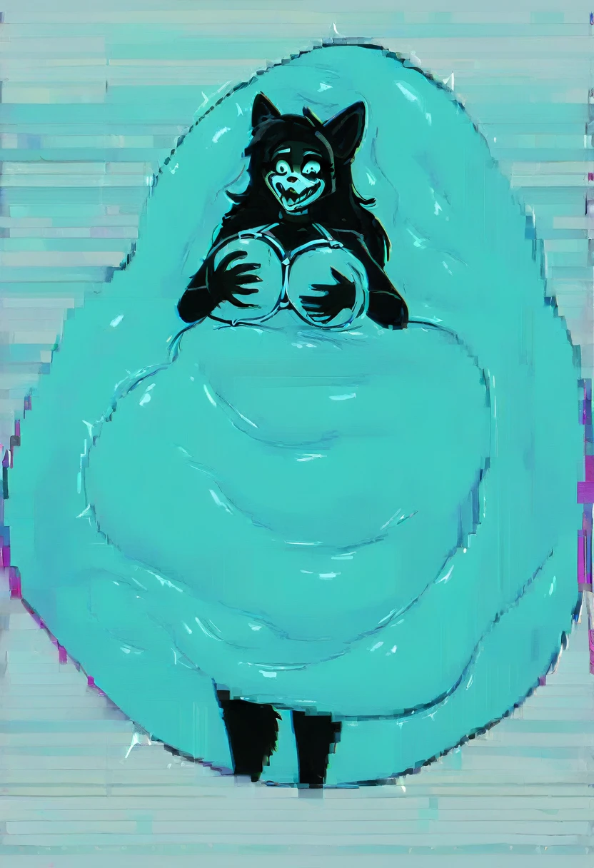 Anthro, femenine body, , breasts, femenine face, black furry hair, (black furry body), SCP-1471, (mal0 SCP)), (hooker pose), ((bondage harness), thighs, looking at viewer, standing pose, (touching on breast with one hand), (bitchy posture), head turned to side,  solo, black fur, (nude), lineart, ((vore)), (big vore belly with a large person inside of the stomach struggling), stomach making gurglimg digestion sounds, character concept, VHS glitch filter 