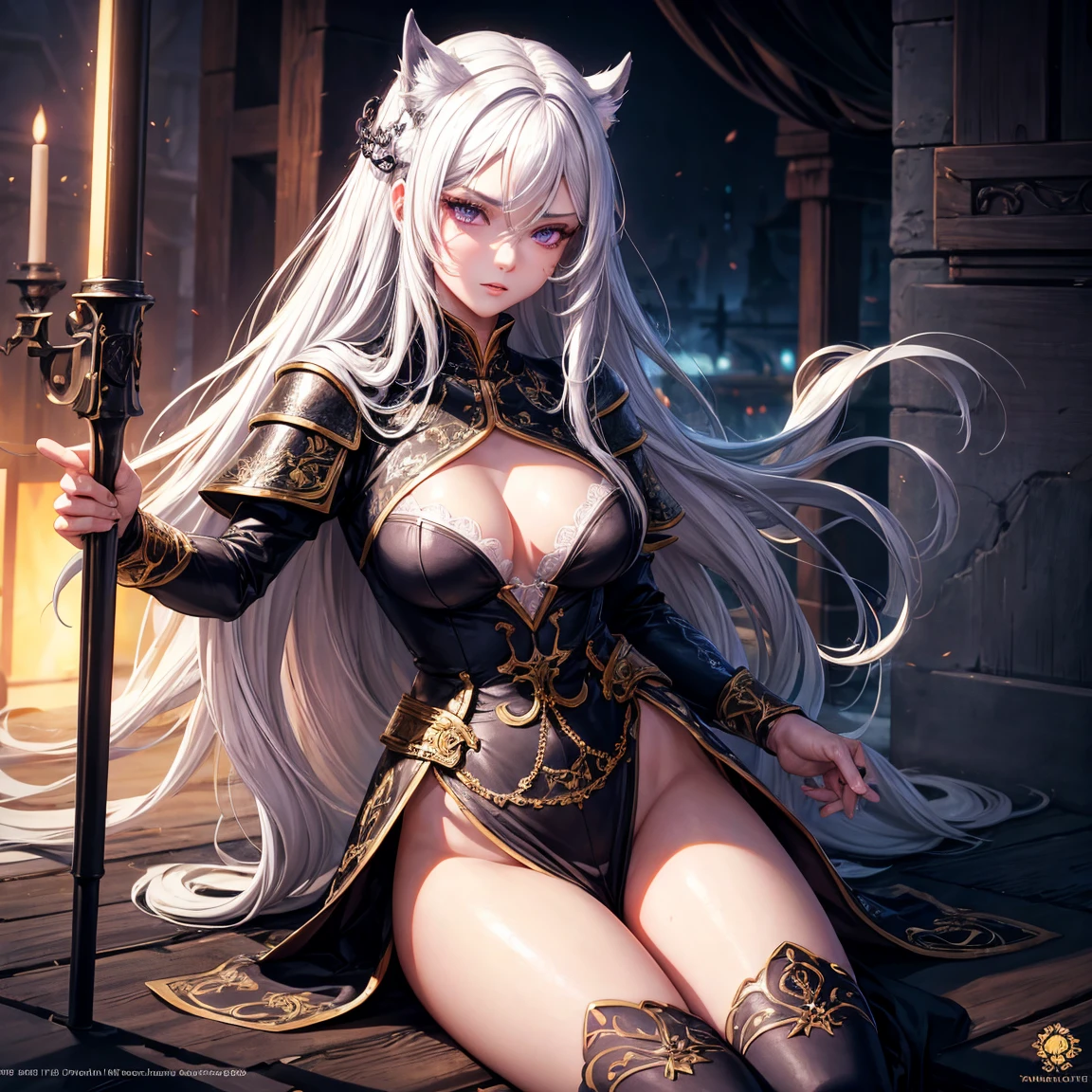 old woman, 1girl, long white hair, small breasts, purple eyes!!!, fair skin, blank face, sexy tight black combat outfit,, full body no helmet, night, medieval japanese town, very sexy body, detailed face, beautiful detailed eyes, beautiful detailed lips, extremely detailed eyes and face, long eyelashes, detailed clothing, intricate details, highly detailed, photo realistic, 8k, best quality, masterpiece, cinematic lighting, dramatic lighting, vibrant colors, fantasy, digital art, concept art