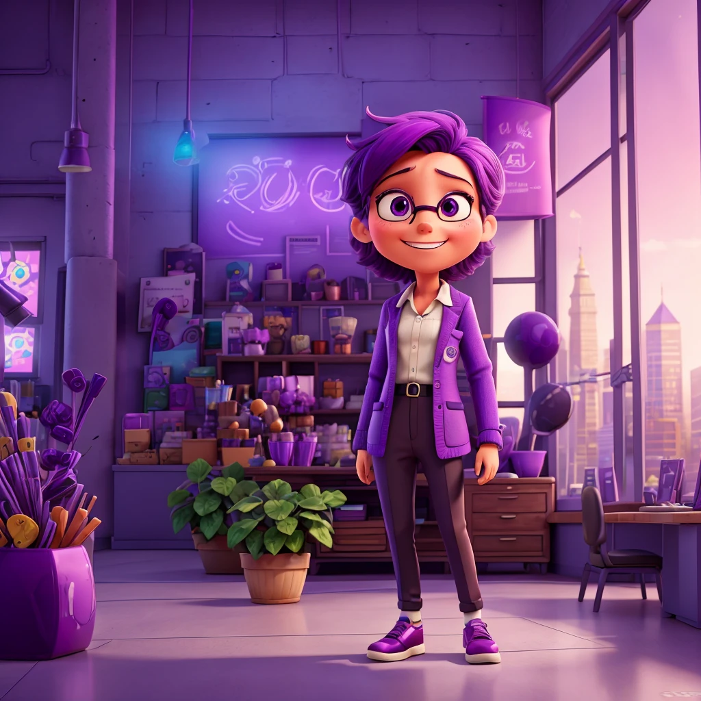 A purple character of emotion, representing ambition and creativity, in a vibrant entrepreneurial environment. Main elements: A purple character with dynamic and expressive characteristics, symbolizing the entrepreneurial spirit, Art Style: Bright and colorful, inspired by the animation style of ‘Inside Out’. Atmosphere: Energetic and inspiring, capturing the excitement and creativity of an entrepreneurial workspace. Specific Details: The purple emotion character has a stylish and energetic design, with expressive eyes and a confident smile. They wear a stylish suit with subtle, futuristic elements, symbolizing innovation and future vision. The background features large windows overlooking a dynamic cityscape, reflecting the character's ambition and vision. The overall setting radiates positivity and determination, personifying the entrepreneurial spirit.