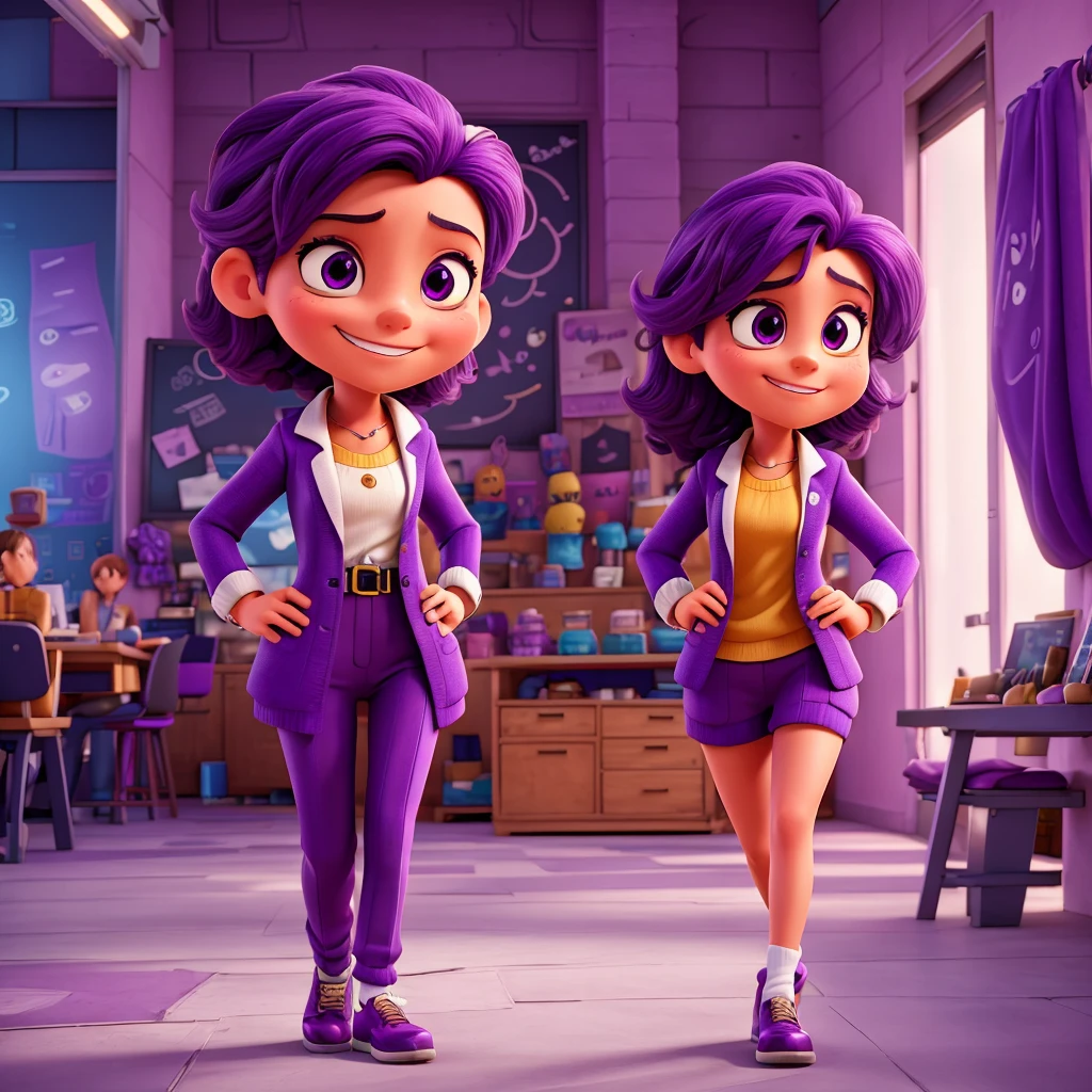 A purple character of emotion, representing ambition and creativity, in a vibrant entrepreneurial environment. Main elements: A purple character with dynamic and expressive characteristics, symbolizing the entrepreneurial spirit, Art Style: Bright and colorful, inspired by the animation style of ‘Inside Out’. Atmosphere: Energetic and inspiring, capturing the excitement and creativity of an entrepreneurial workspace. Specific Details: The purple emotion character has a stylish and energetic design, with expressive eyes and a confident smile. They wear a stylish suit with subtle, futuristic elements, symbolizing innovation and future vision. The background features large windows overlooking a dynamic cityscape, reflecting the character's ambition and vision. The overall setting radiates positivity and determination, personifying the entrepreneurial spirit.