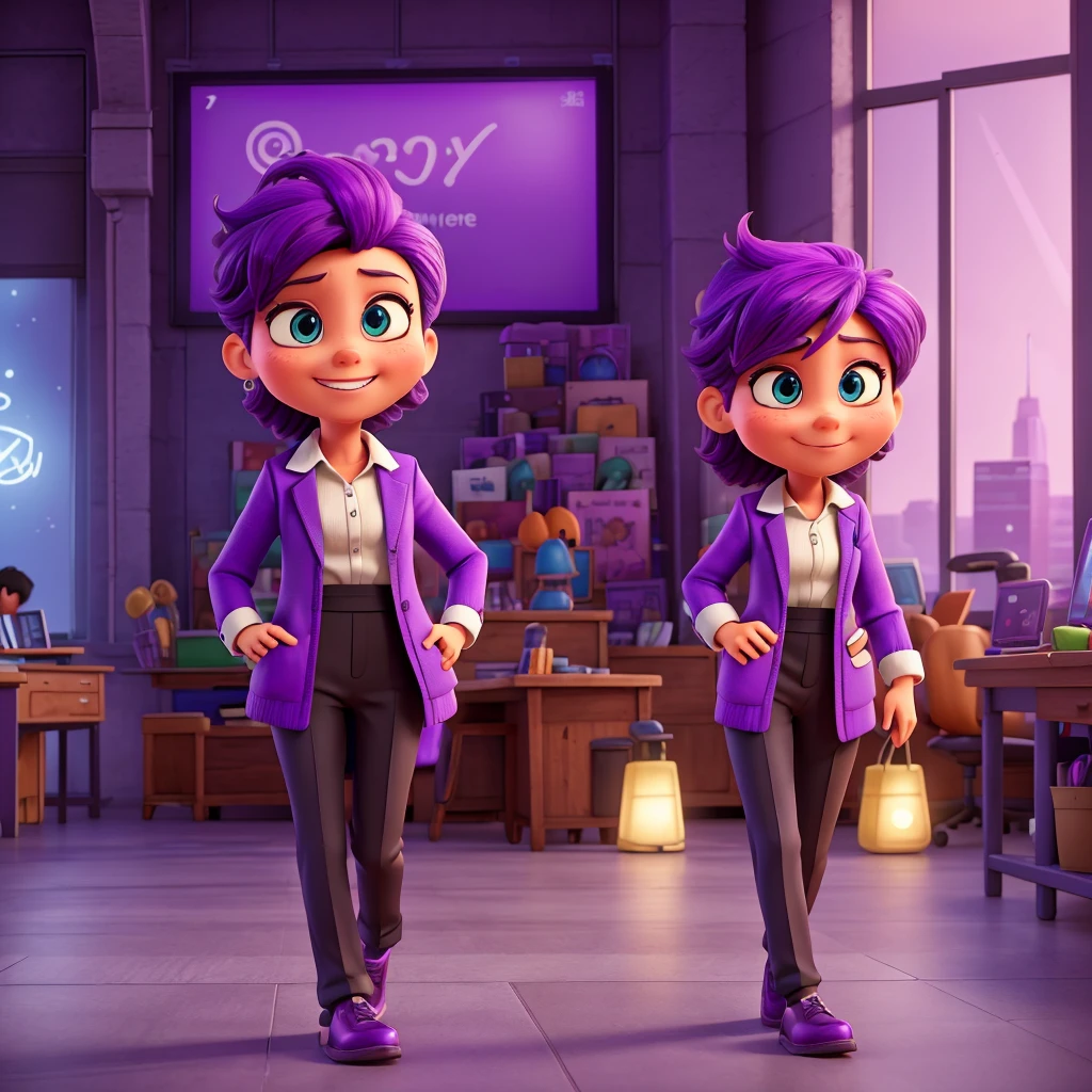 A purple character of emotion, representing ambition and creativity, in a vibrant entrepreneurial environment. Main elements: A purple character with dynamic and expressive characteristics, symbolizing the entrepreneurial spirit, Art Style: Bright and colorful, inspired by the animation style of ‘Inside Out’. Atmosphere: Energetic and inspiring, capturing the excitement and creativity of an entrepreneurial workspace. Specific Details: The purple emotion character has a stylish and energetic design, with expressive eyes and a confident smile. They wear a stylish suit with subtle, futuristic elements, symbolizing innovation and future vision. The background features large windows overlooking a dynamic cityscape, reflecting the character's ambition and vision. The overall setting radiates positivity and determination, personifying the entrepreneurial spirit.