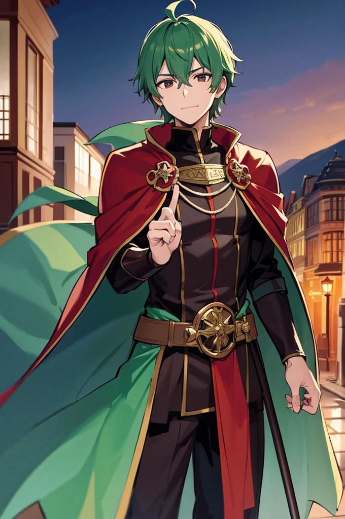 Highest quality, masterpiece, High resolution, alone, （Fire emblem），（FE Heroes_Trabant），Evening sky_background，Middle Age_male，（smug face），（Moss Green_Hair Color）, 4K, masterpiece,， alone, 1,whole body，looking at the camera, Fumaru，Red_Cape，（Dark Green_coat），Big Spear，Sharp Eyes，（Full Finger）, （The finer details）, （Anatomically correct）, (映画のbackground), Hyper Detail, (Subtle details), (Intricate details)