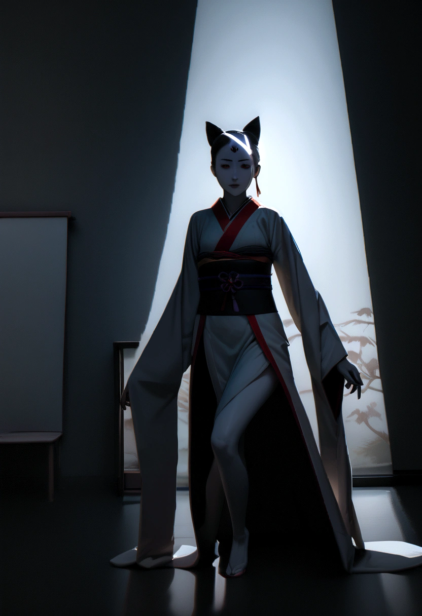 Highest image quality, masterpiece, super high resolution, (reality: 1.4), raw photo, (slender legs) (perfect figure), dynamic pose, one cat girl, ribbon on head, solo, beautiful Japanese kimono costume, White skin, facial tattoo, darkness, deep shadow, low key, cold light 12000K