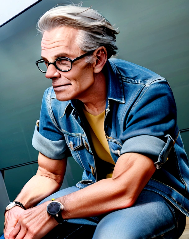 Create a 3D illustration of an animated character sitting casually on top of an "Instagram" social media logo. The character is in his 50s, wears glasses, gray hair and must wear modern casual clothes, such as a denim jacket and sneakers. The background of the image is a social media profile page with the username “alexandre_crystal” and a profile photo that matches the animated character.