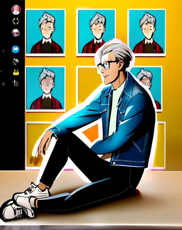 Create a 3D illustration of an animated character sitting casually on top of an "Instagram" social media logo. The character is in his 50s, wears glasses, gray hair and must wear modern casual clothes, such as a denim jacket and sneakers. The background of the image is a social media profile page with the username “alexandre_crystal” and a profile photo that matches the animated character.